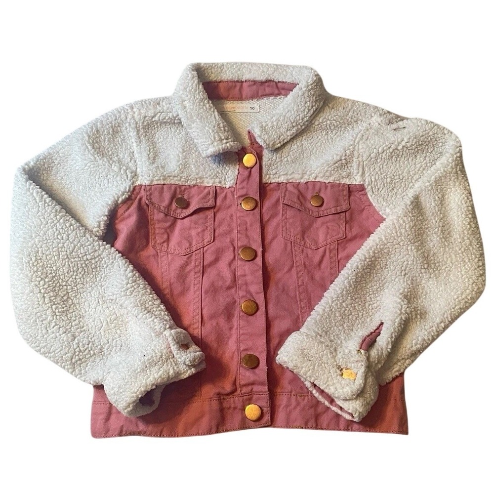 Young Hearts Sherpa Denim Jacket Girls Size 10 Pink White Fleece Mixed Media